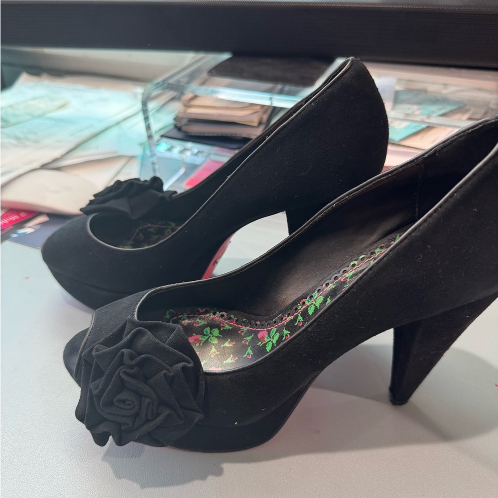 Betsey Johnson Black Heels with Floral Accent